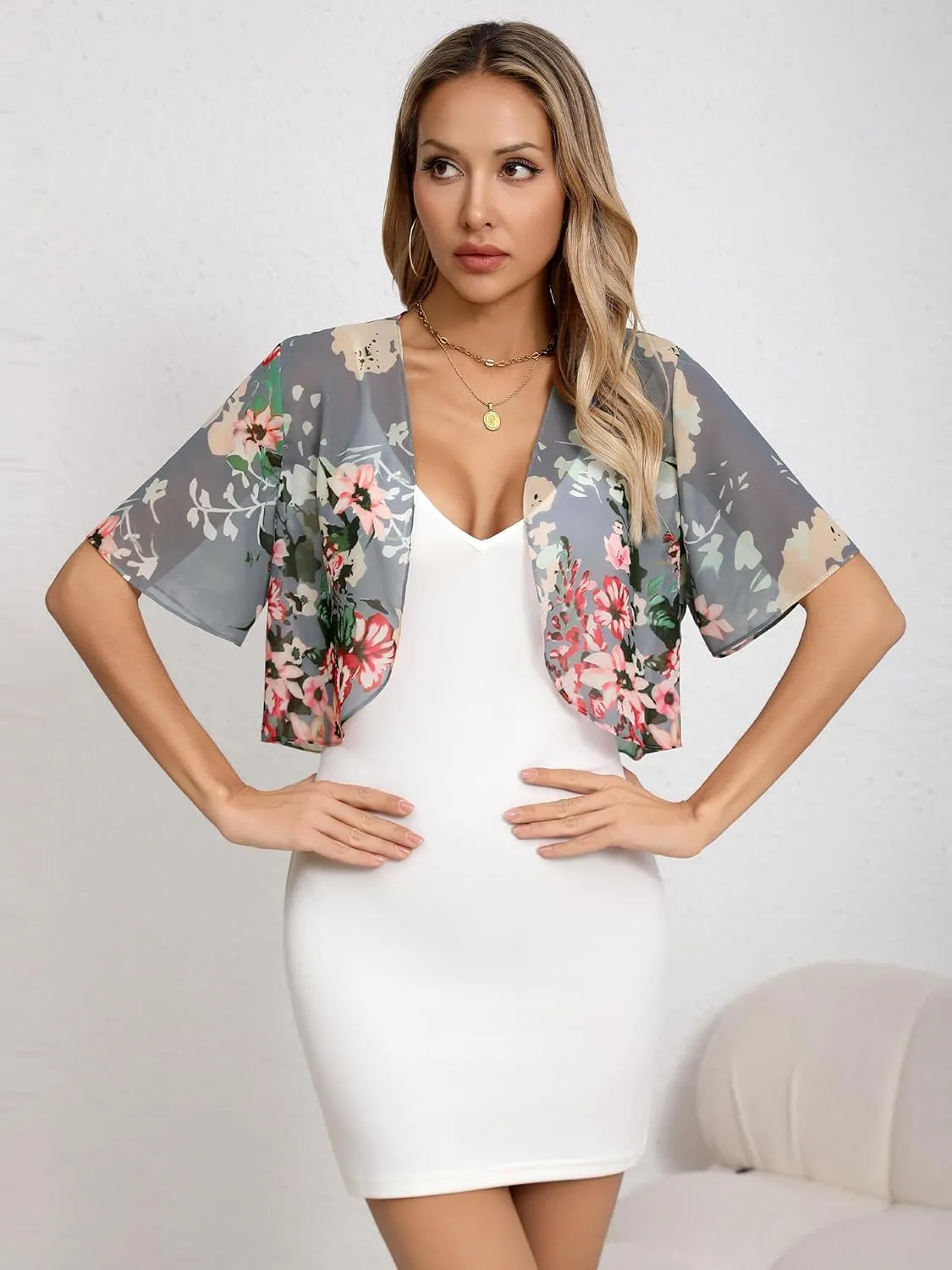 Missufe Women's Short Sleeve Summer Cropped Shrugs Sheer Lightweight Chiffon Bolero Cardigans