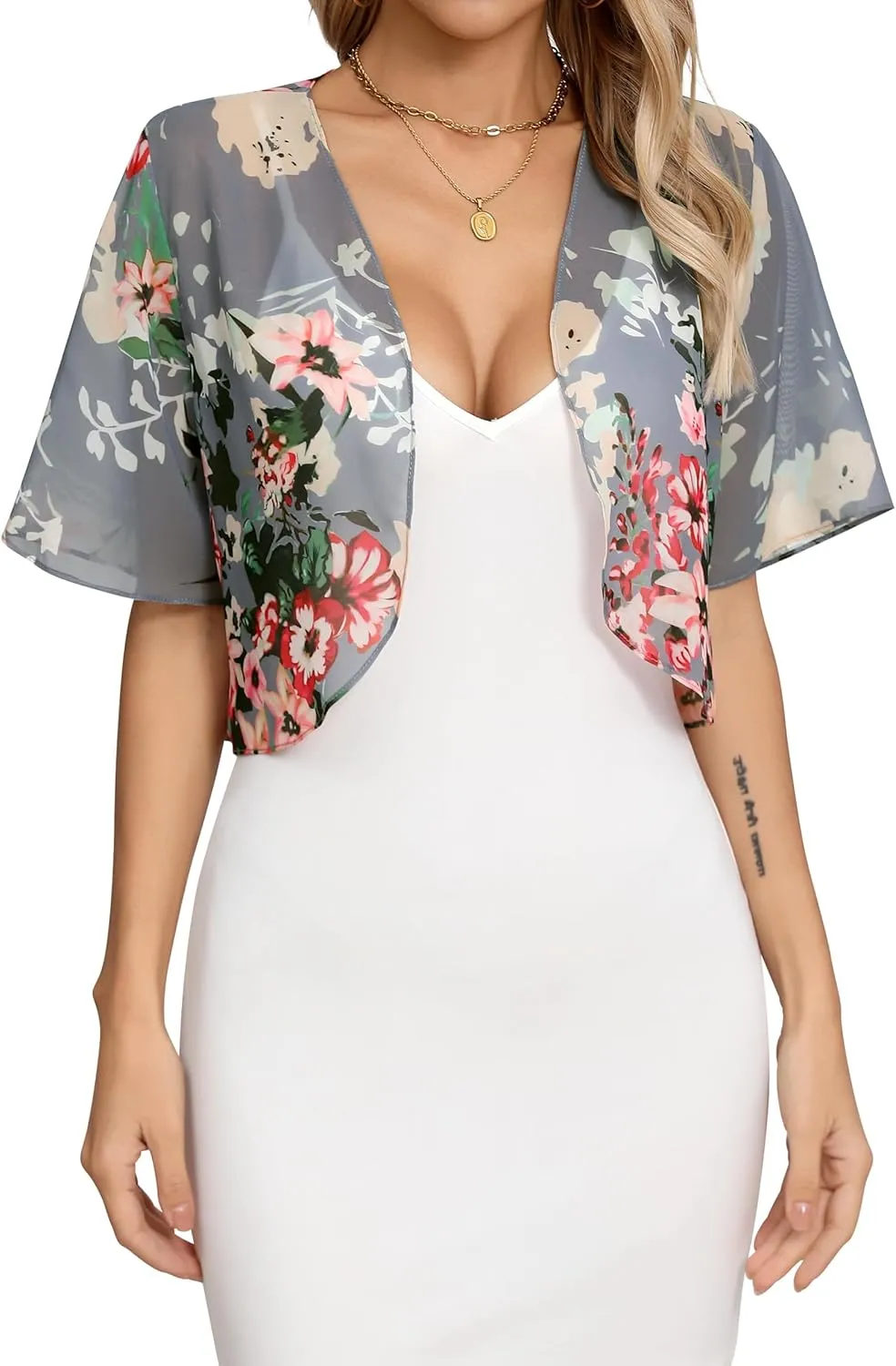 Missufe Women's Short Sleeve Summer Cropped Shrugs Sheer Lightweight Chiffon Bolero Cardigans