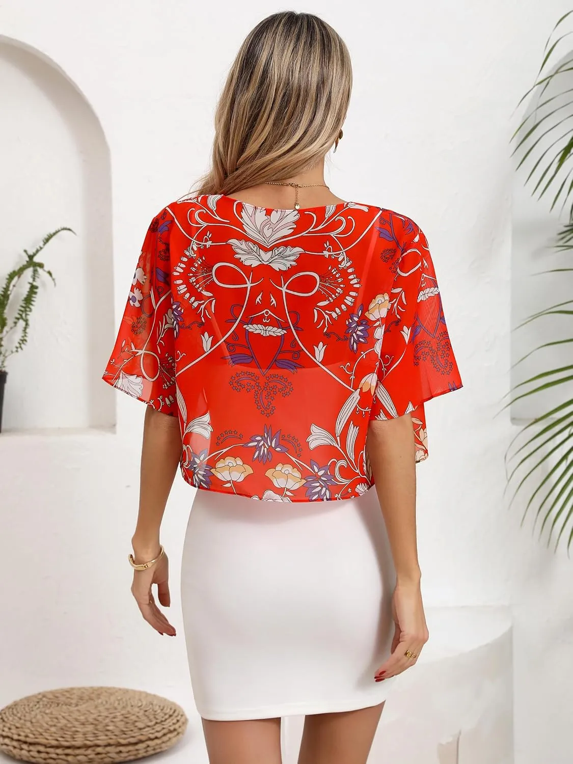 Missufe Women's Short Sleeve Summer Cropped Shrugs Sheer Lightweight Chiffon Bolero Cardigans