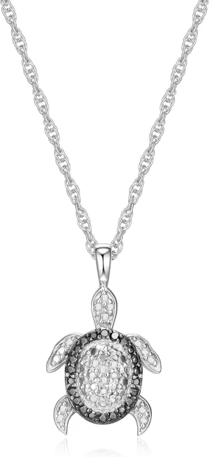 MORGAN & PAIGE .925 Sterling Silver Rhodium Plated Black and White Diamond Turtle, Whale, Penguin or Spider Pendant Necklace, Nature Animal-Inspired Designs Sterling Silver Necklaces for Women 18 in