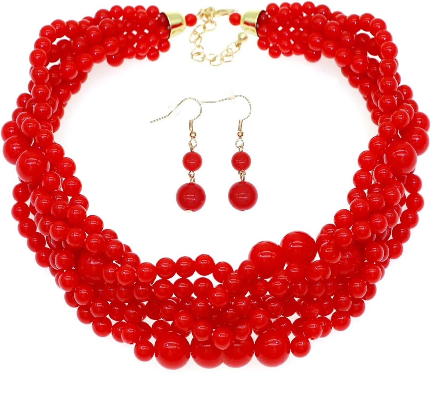 Multi Strand Twisted Beaded Bib Necklace Collar Chunky Beads Bubble Pearl Statement Necklace Costume Jewelry Set for Women