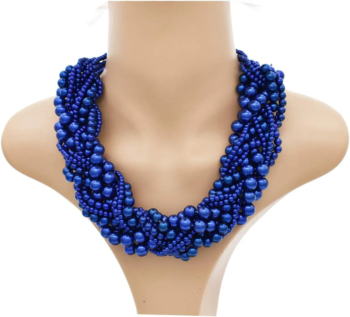Multi Strand Twisted Beaded Bib Necklace Collar Chunky Beads Bubble Pearl Statement Necklace Costume Jewelry Set for Women