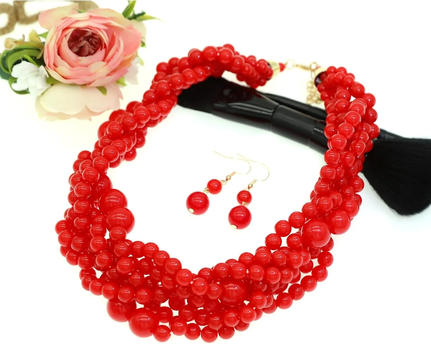 Multi Strand Twisted Beaded Bib Necklace Collar Chunky Beads Bubble Pearl Statement Necklace Costume Jewelry Set for Women