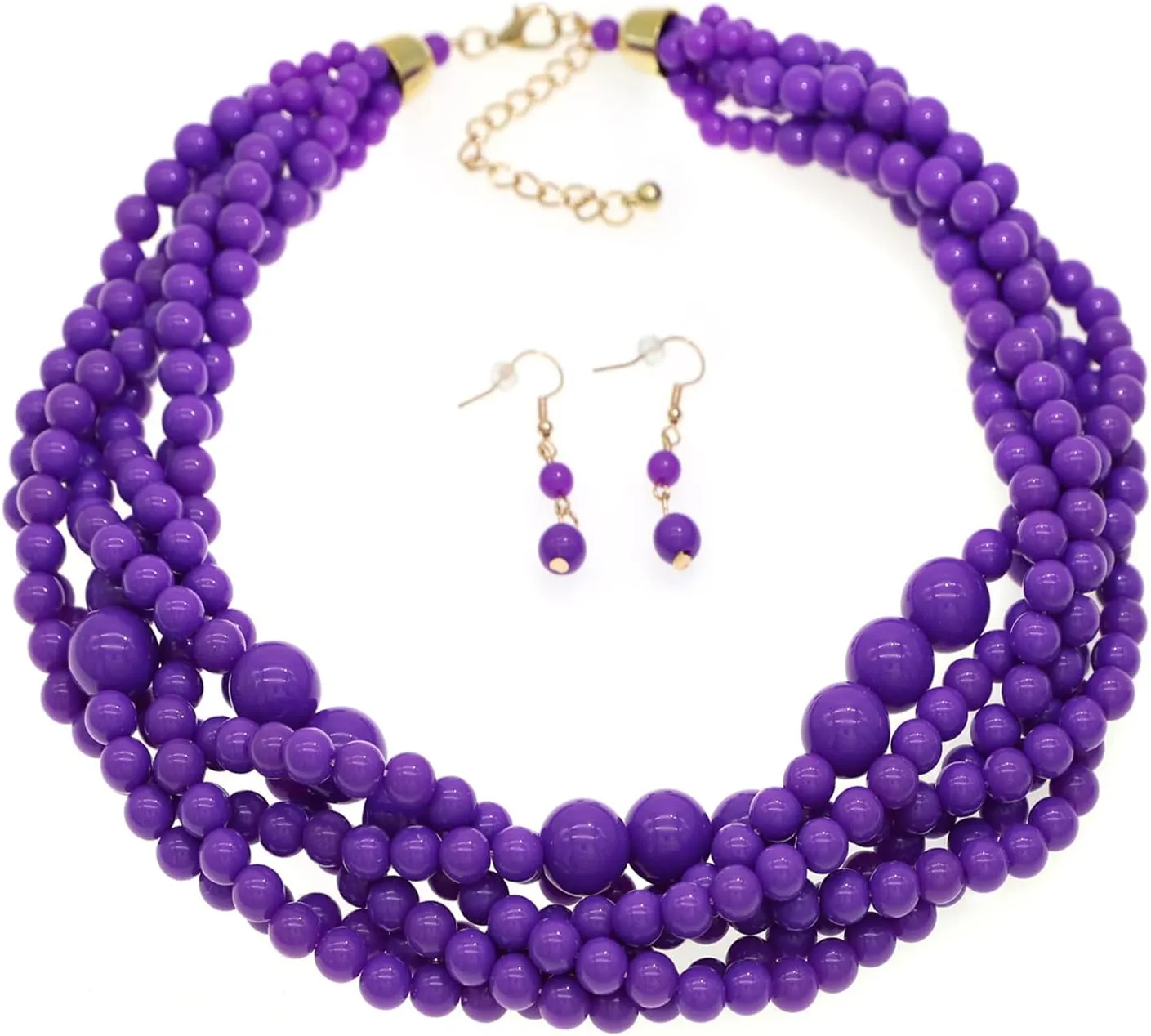 Multi Strand Twisted Beaded Bib Necklace Collar Chunky Beads Bubble Pearl Statement Necklace Costume Jewelry Set for Women