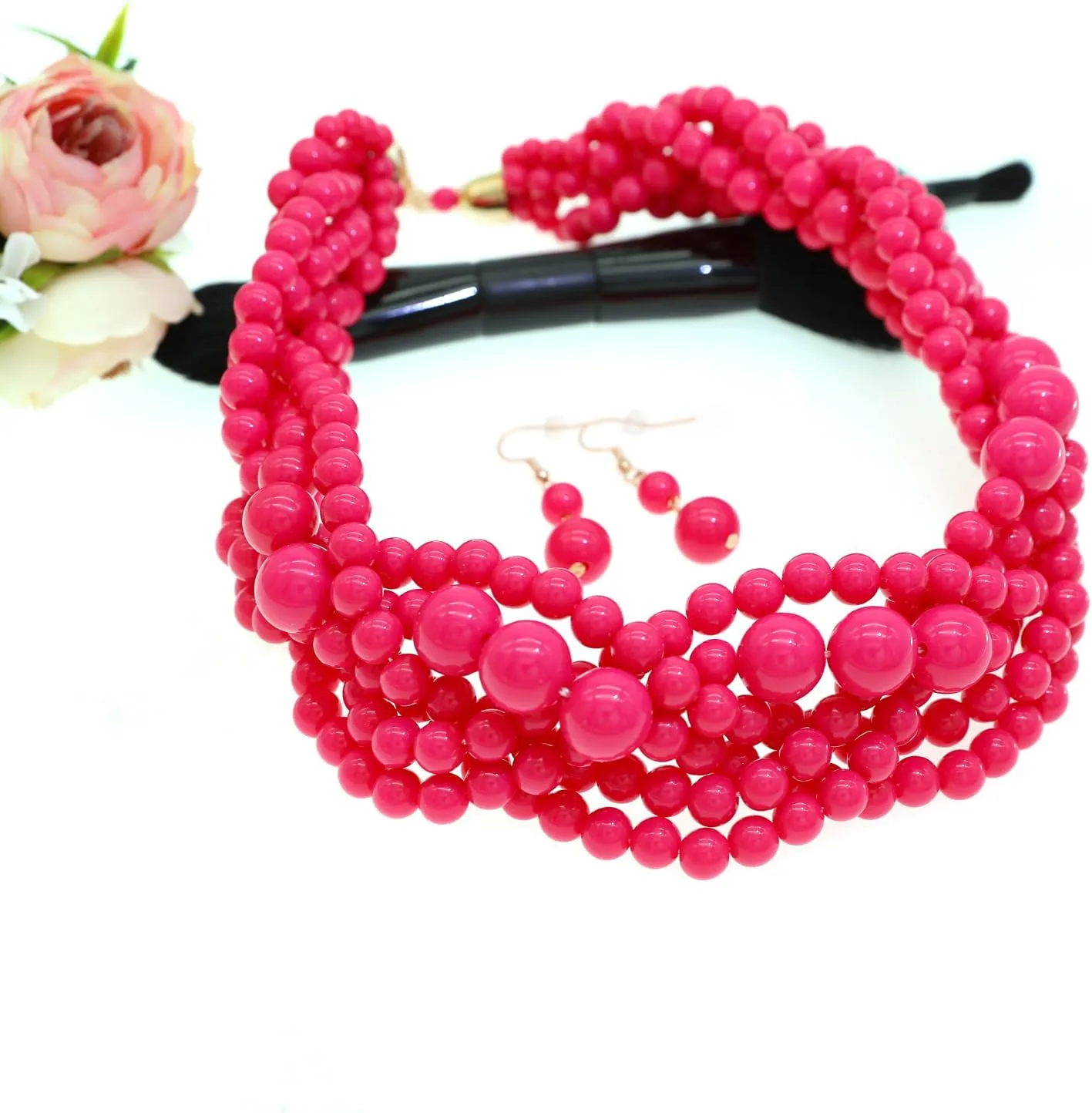 Multi Strand Twisted Beaded Bib Necklace Collar Chunky Beads Bubble Pearl Statement Necklace Costume Jewelry Set for Women