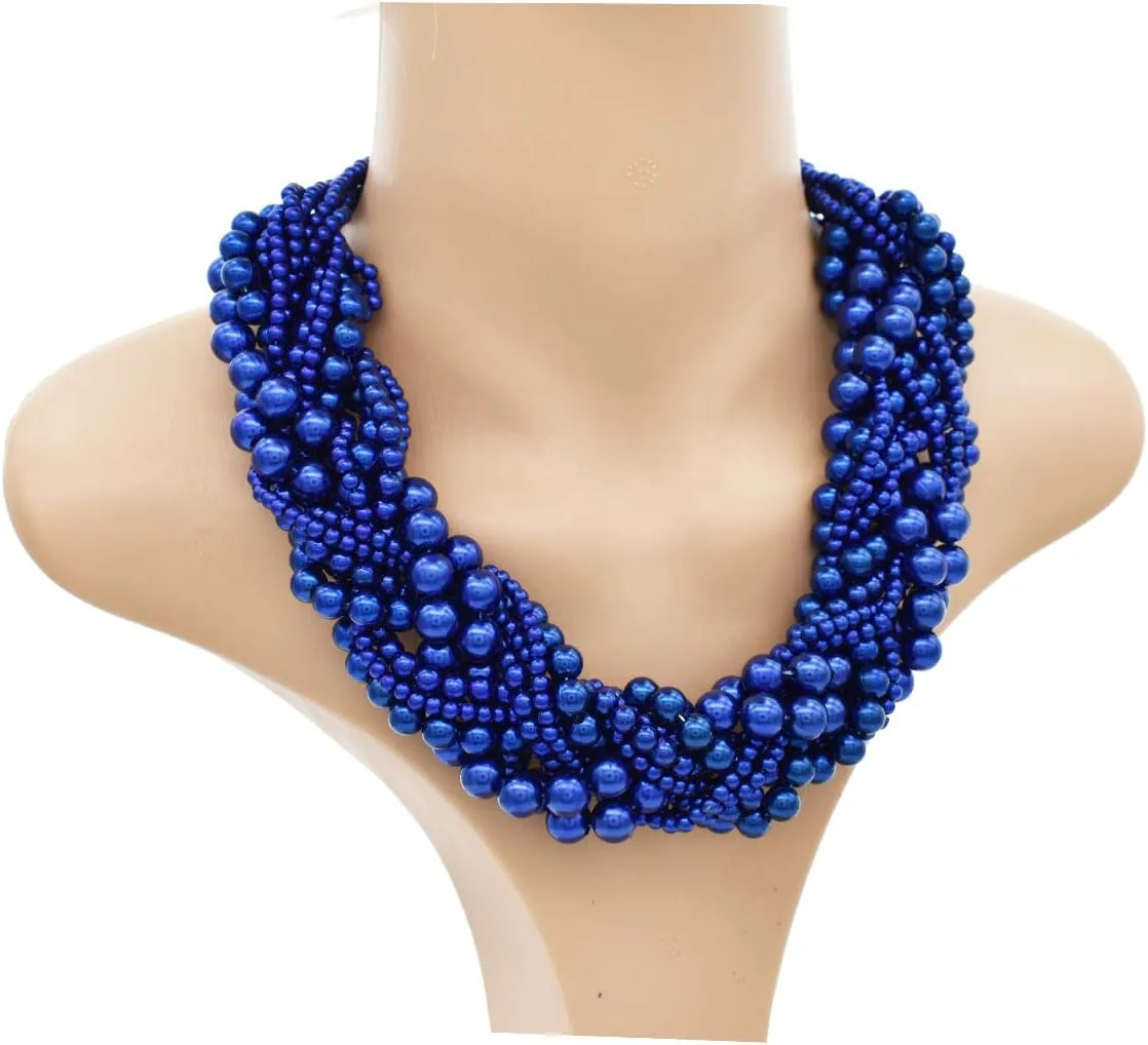 Multi Strand Twisted Beaded Bib Necklace Collar Chunky Beads Bubble Pearl Statement Necklace Costume Jewelry Set for Women
