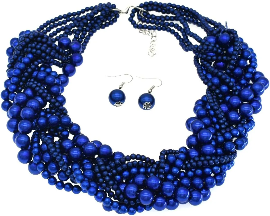 Multi Strand Twisted Beaded Bib Necklace Collar Chunky Beads Bubble Pearl Statement Necklace Costume Jewelry Set for Women