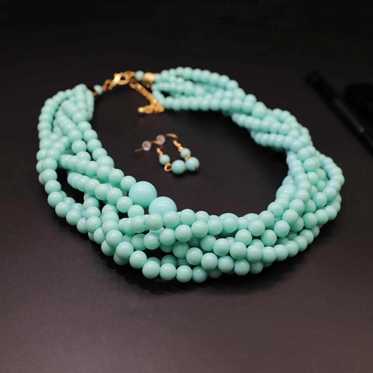 Multi Strand Twisted Beaded Bib Necklace Collar Chunky Beads Bubble Pearl Statement Necklace Costume Jewelry Set for Women