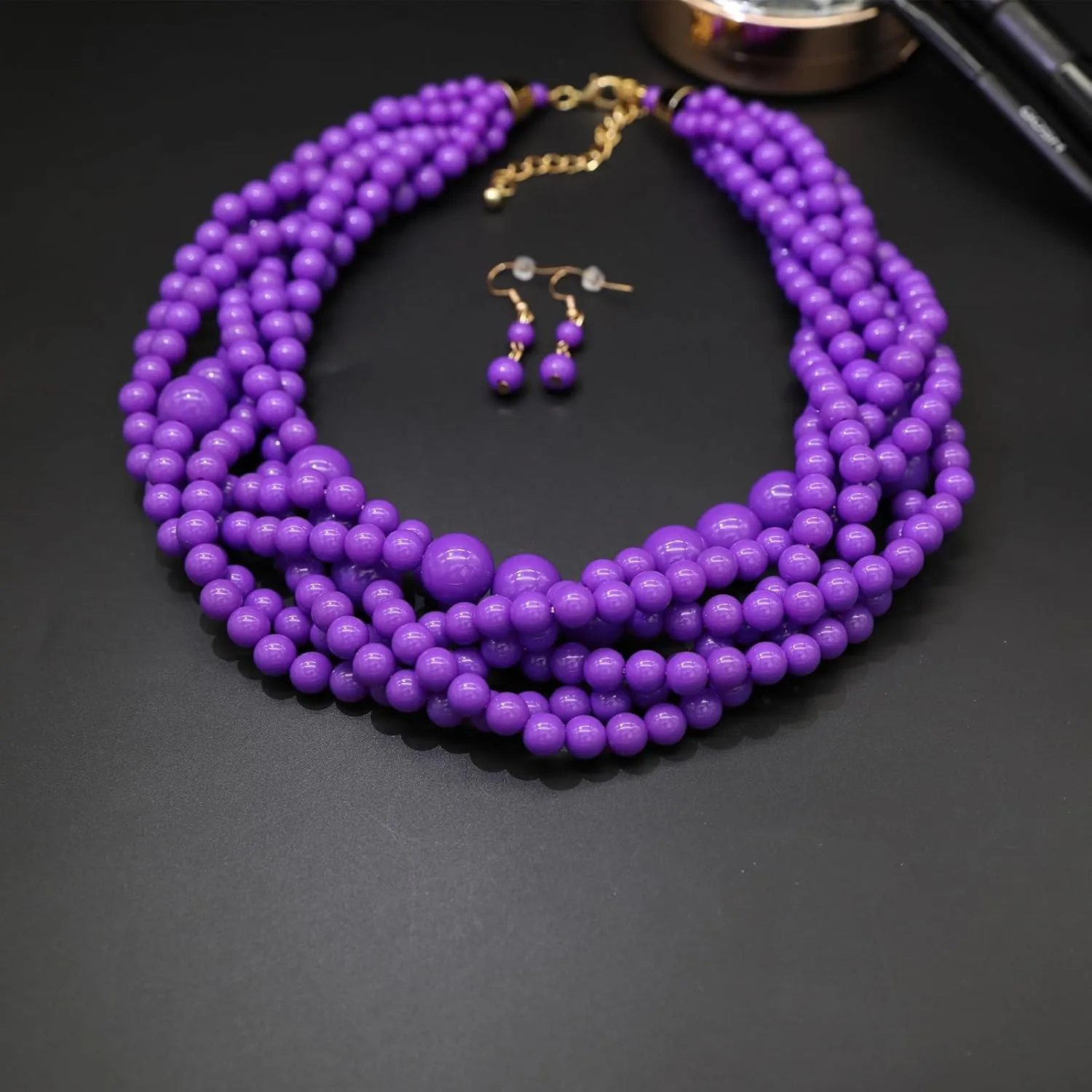 Multi Strand Twisted Beaded Bib Necklace Collar Chunky Beads Bubble Pearl Statement Necklace Costume Jewelry Set for Women