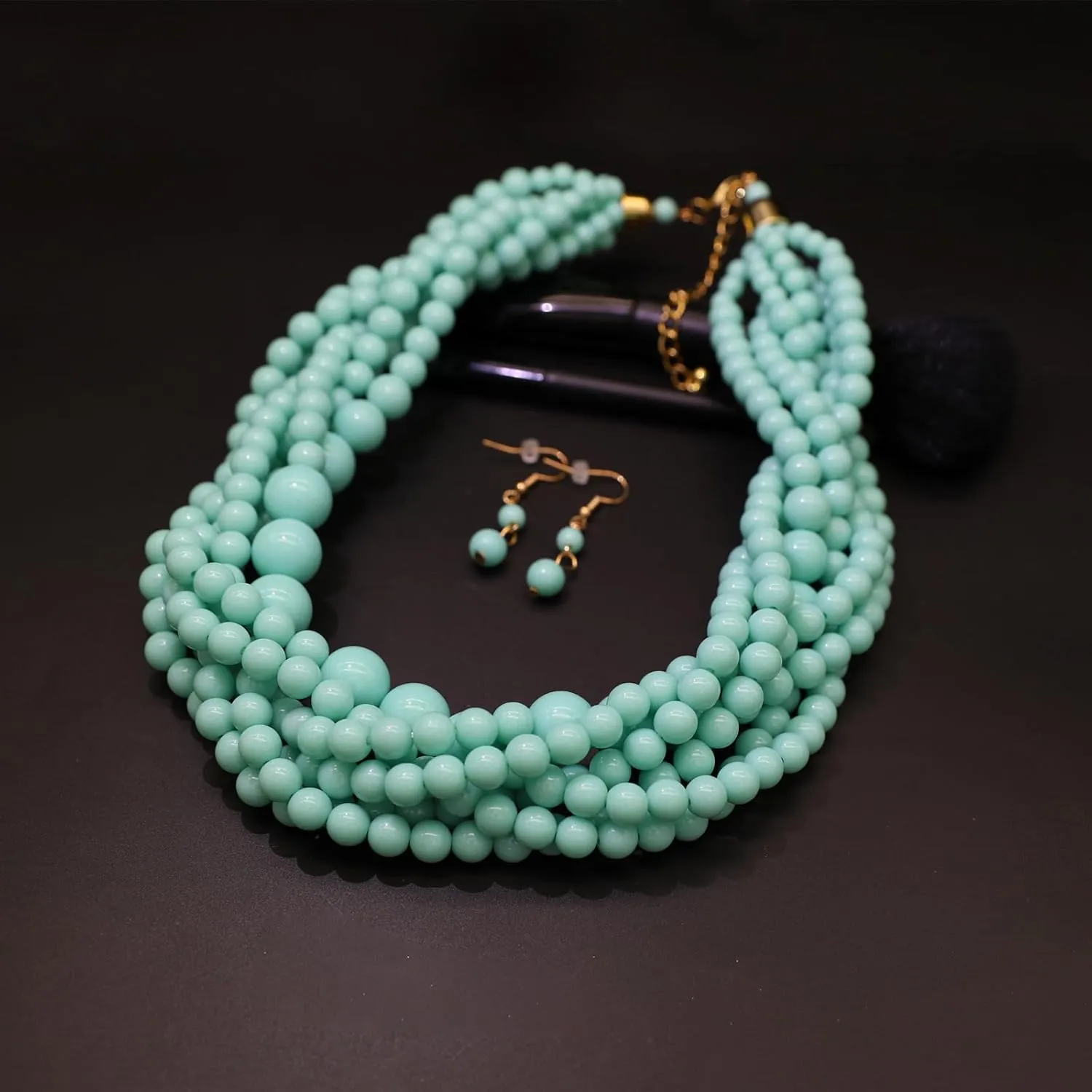 Multi Strand Twisted Beaded Bib Necklace Collar Chunky Beads Bubble Pearl Statement Necklace Costume Jewelry Set for Women