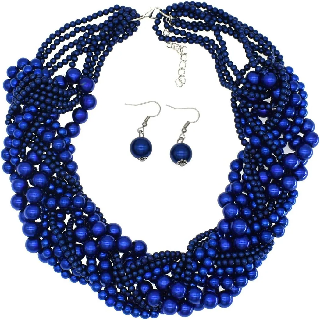 Multi Strand Twisted Beaded Bib Necklace Collar Chunky Beads Bubble Pearl Statement Necklace Costume Jewelry Set for Women