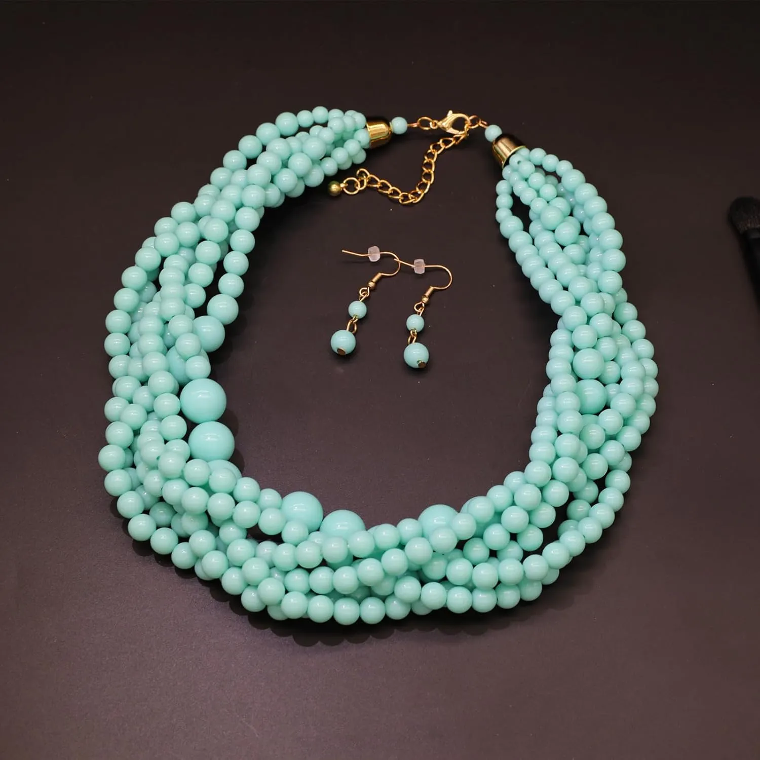 Multi Strand Twisted Beaded Bib Necklace Collar Chunky Beads Bubble Pearl Statement Necklace Costume Jewelry Set for Women