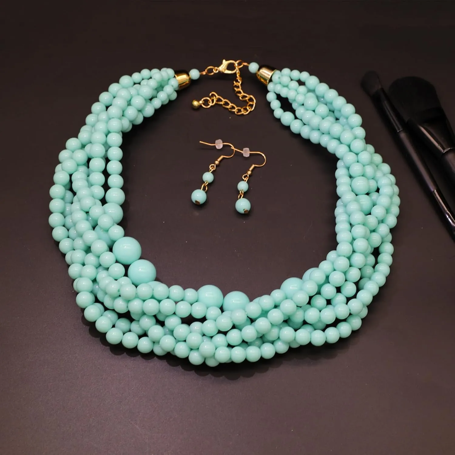 Multi Strand Twisted Beaded Bib Necklace Collar Chunky Beads Bubble Pearl Statement Necklace Costume Jewelry Set for Women