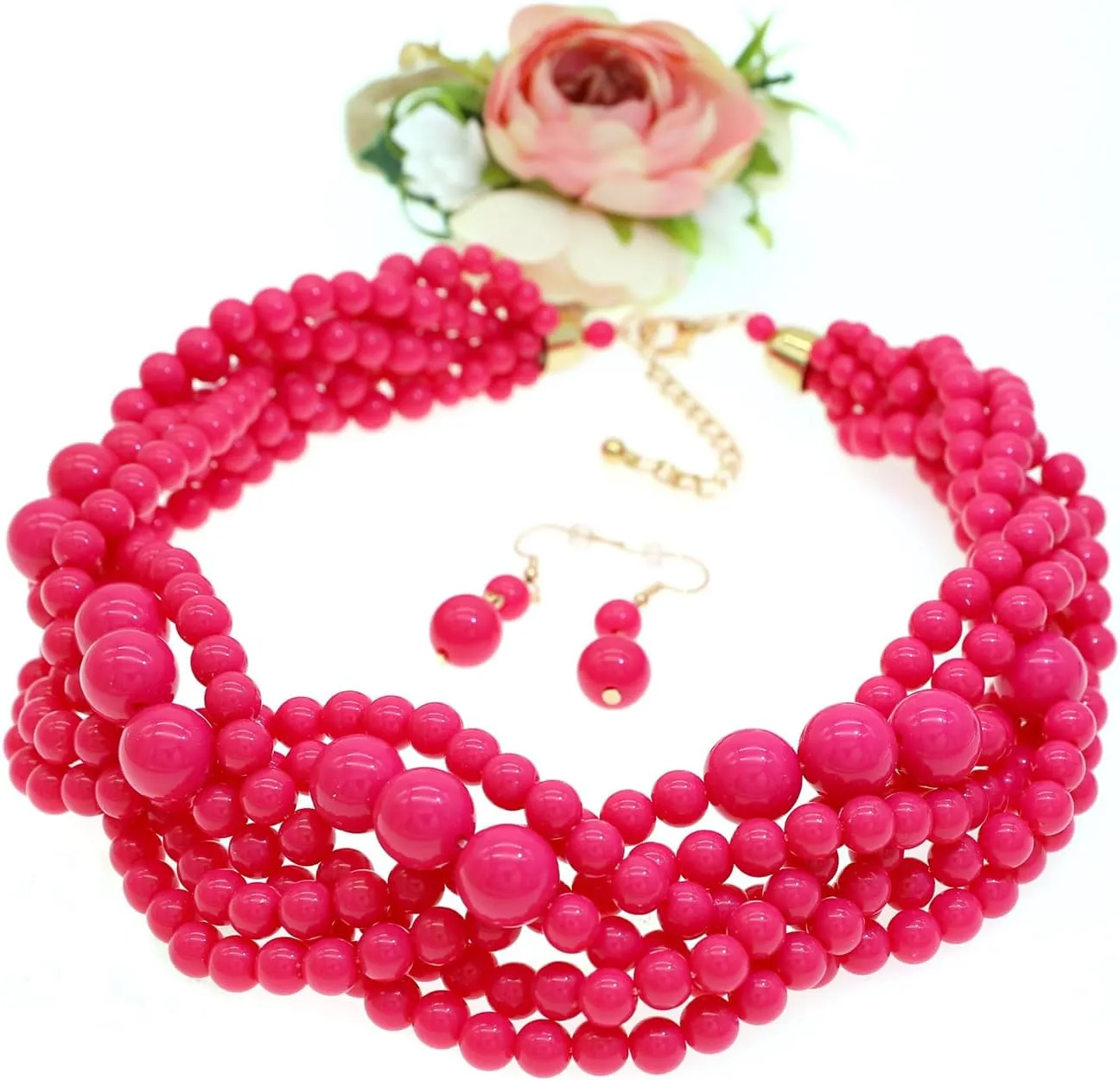 Multi Strand Twisted Beaded Bib Necklace Collar Chunky Beads Bubble Pearl Statement Necklace Costume Jewelry Set for Women