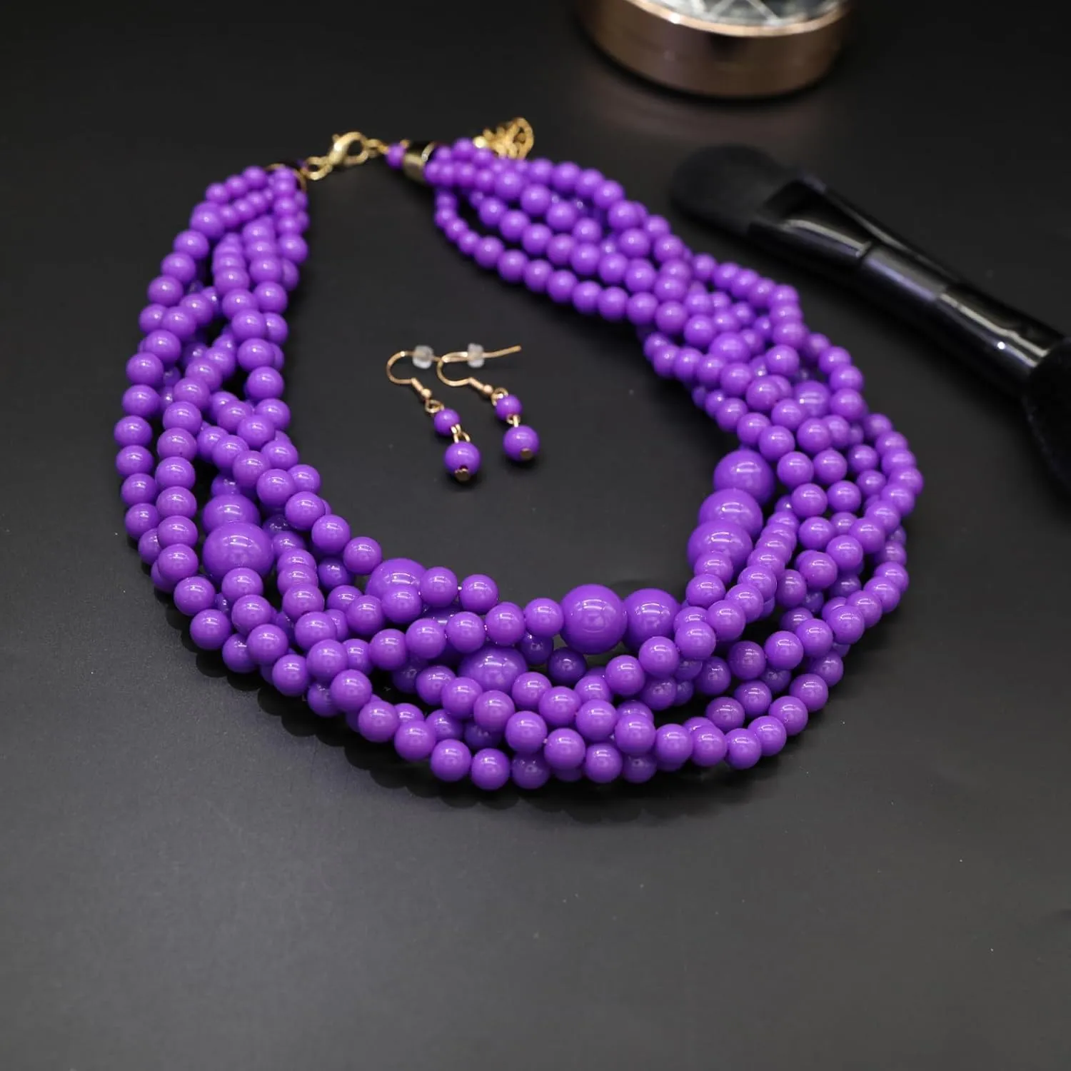 Multi Strand Twisted Beaded Bib Necklace Collar Chunky Beads Bubble Pearl Statement Necklace Costume Jewelry Set for Women