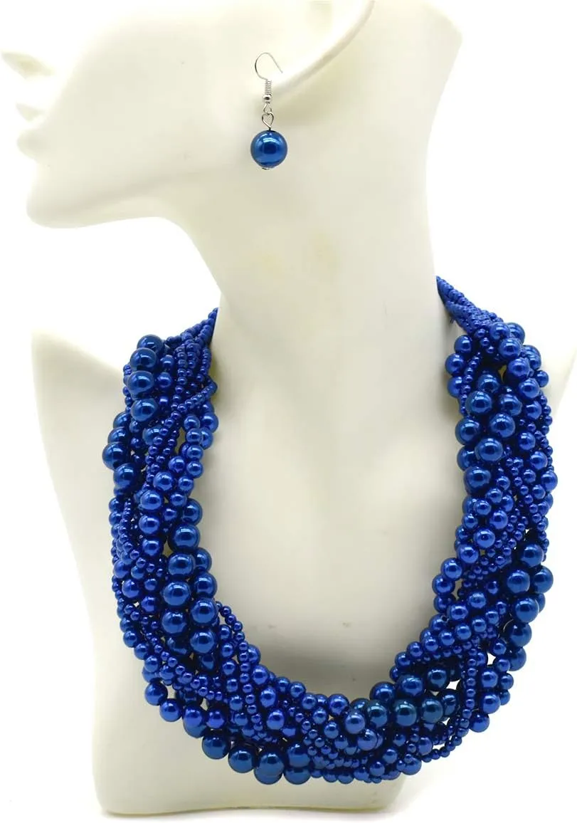 Multi Strand Twisted Beaded Bib Necklace Collar Chunky Beads Bubble Pearl Statement Necklace Costume Jewelry Set for Women
