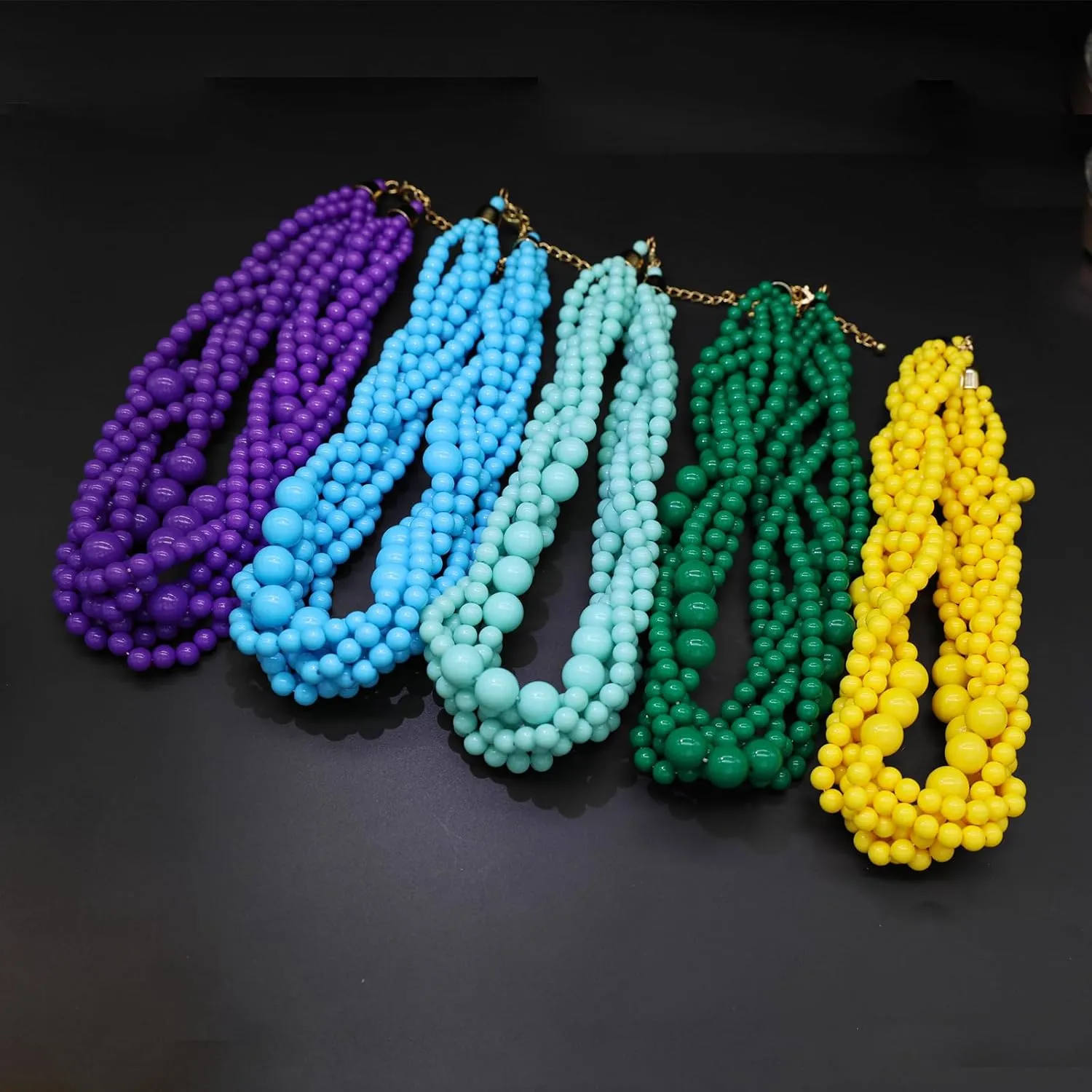 Multi Strand Twisted Beaded Bib Necklace Collar Chunky Beads Bubble Pearl Statement Necklace Costume Jewelry Set for Women