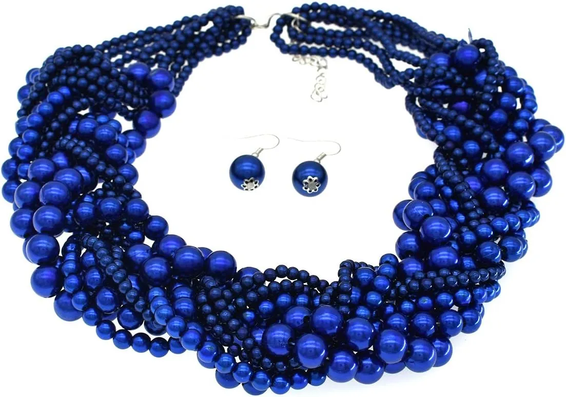 Multi Strand Twisted Beaded Bib Necklace Collar Chunky Beads Bubble Pearl Statement Necklace Costume Jewelry Set for Women