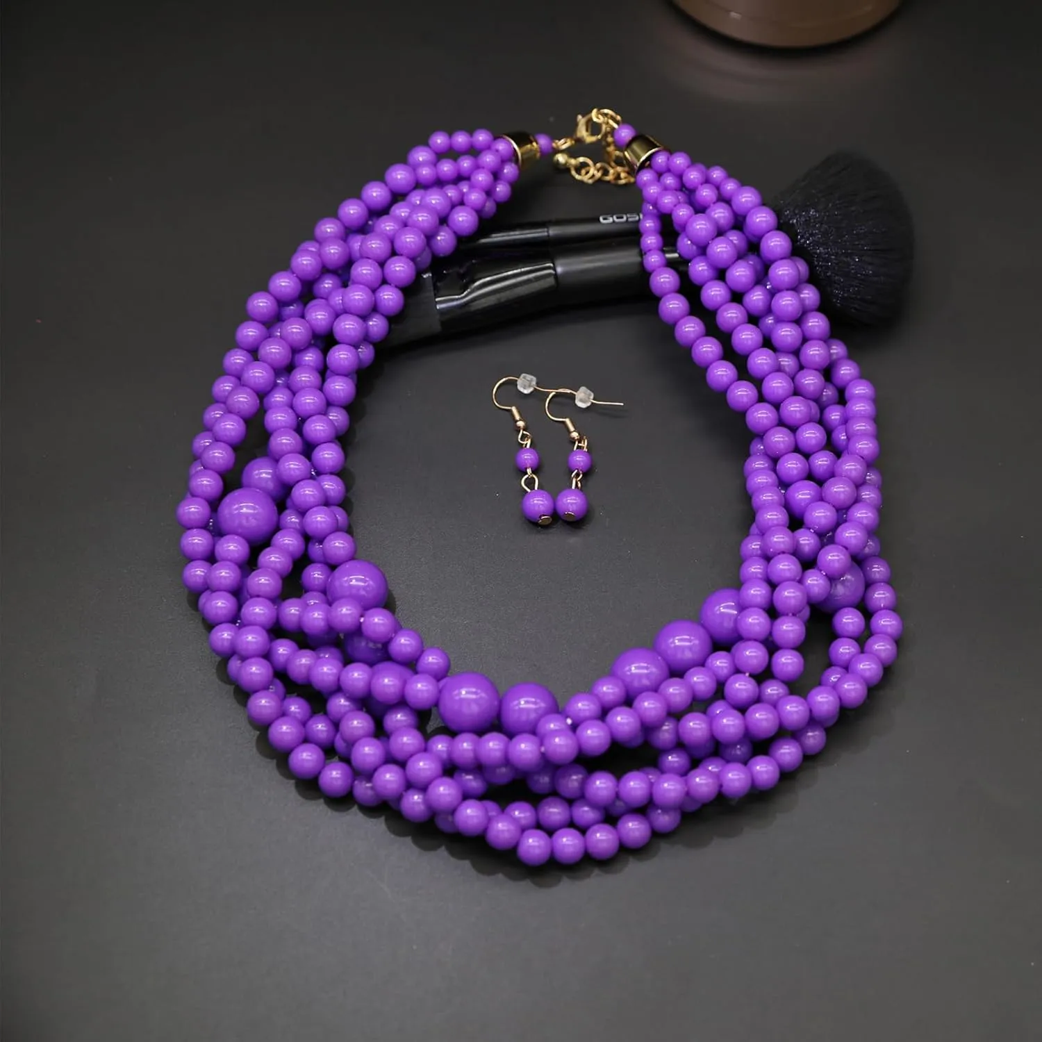 Multi Strand Twisted Beaded Bib Necklace Collar Chunky Beads Bubble Pearl Statement Necklace Costume Jewelry Set for Women
