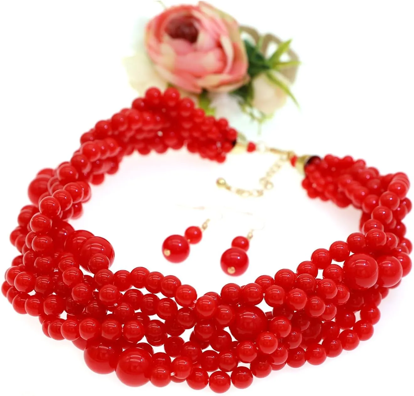 Multi Strand Twisted Beaded Bib Necklace Collar Chunky Beads Bubble Pearl Statement Necklace Costume Jewelry Set for Women