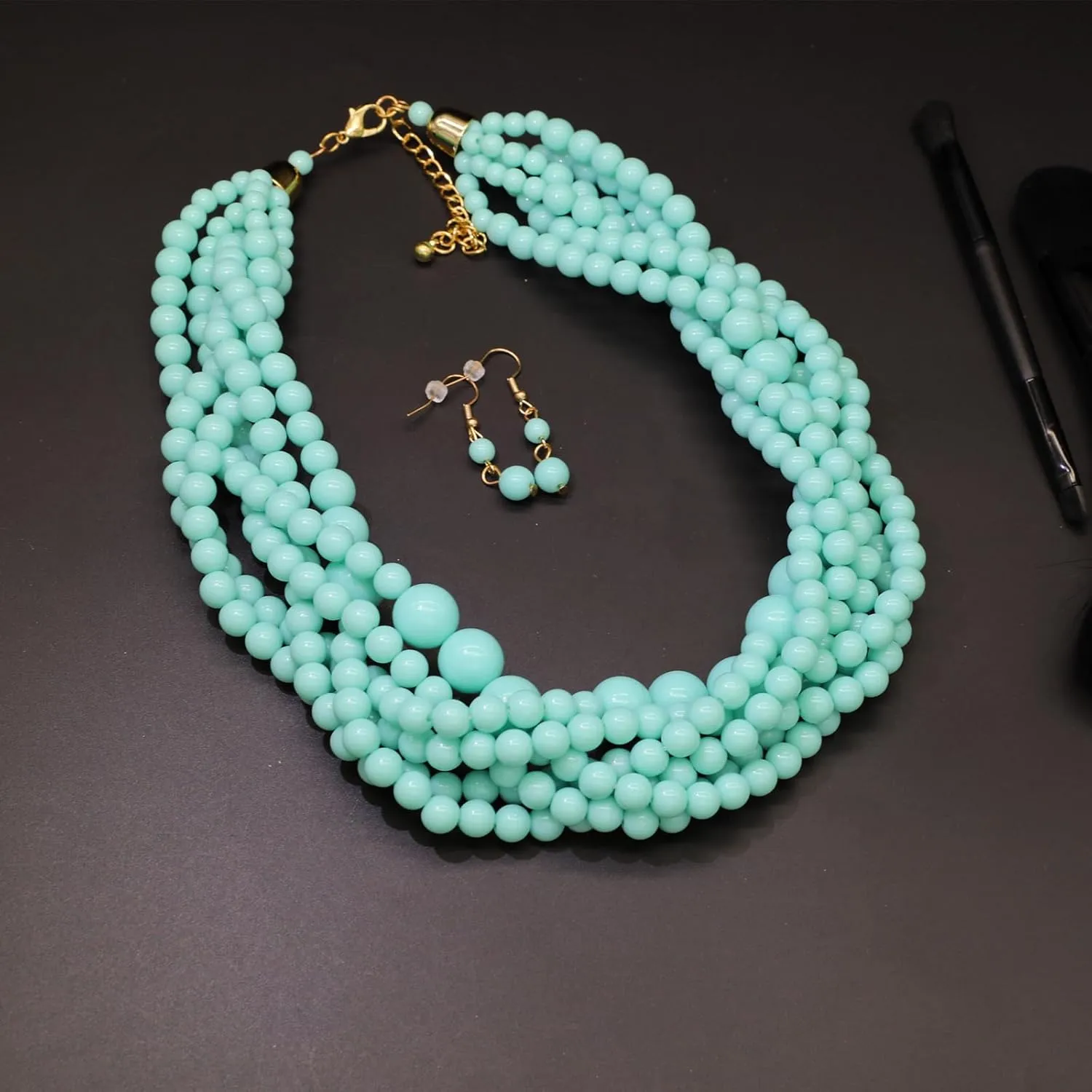Multi Strand Twisted Beaded Bib Necklace Collar Chunky Beads Bubble Pearl Statement Necklace Costume Jewelry Set for Women