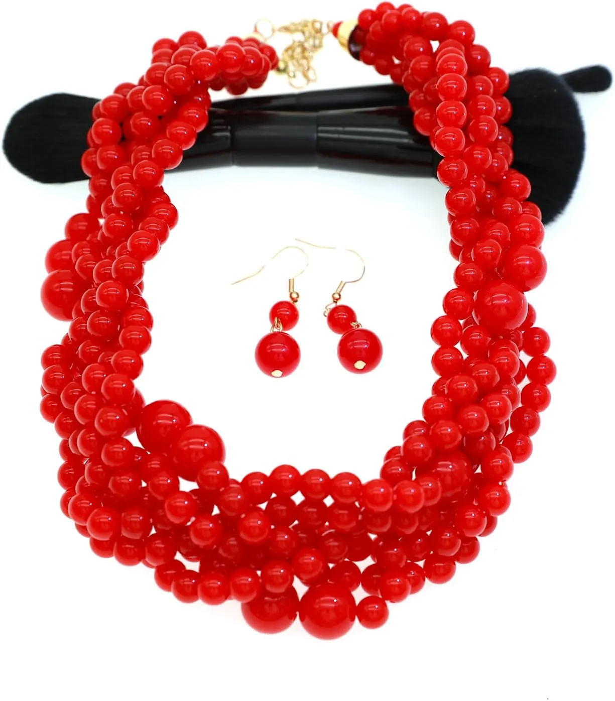 Multi Strand Twisted Beaded Bib Necklace Collar Chunky Beads Bubble Pearl Statement Necklace Costume Jewelry Set for Women