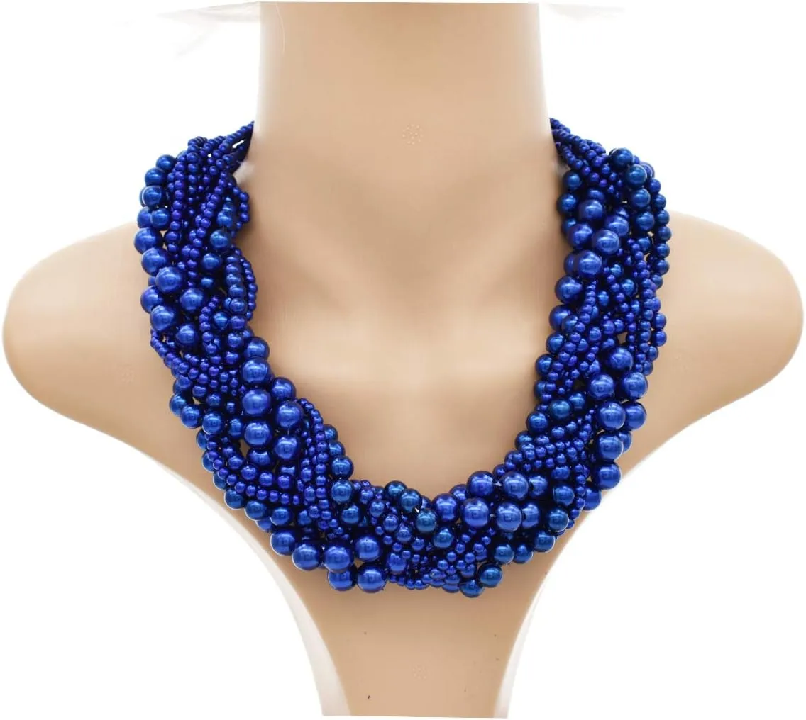 Multi Strand Twisted Beaded Bib Necklace Collar Chunky Beads Bubble Pearl Statement Necklace Costume Jewelry Set for Women