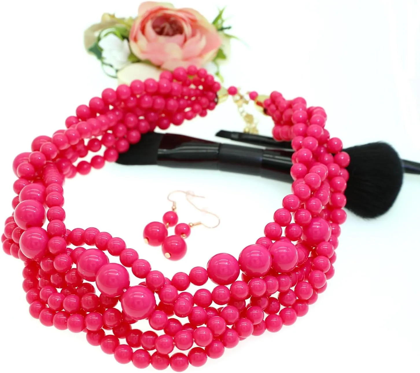 Multi Strand Twisted Beaded Bib Necklace Collar Chunky Beads Bubble Pearl Statement Necklace Costume Jewelry Set for Women