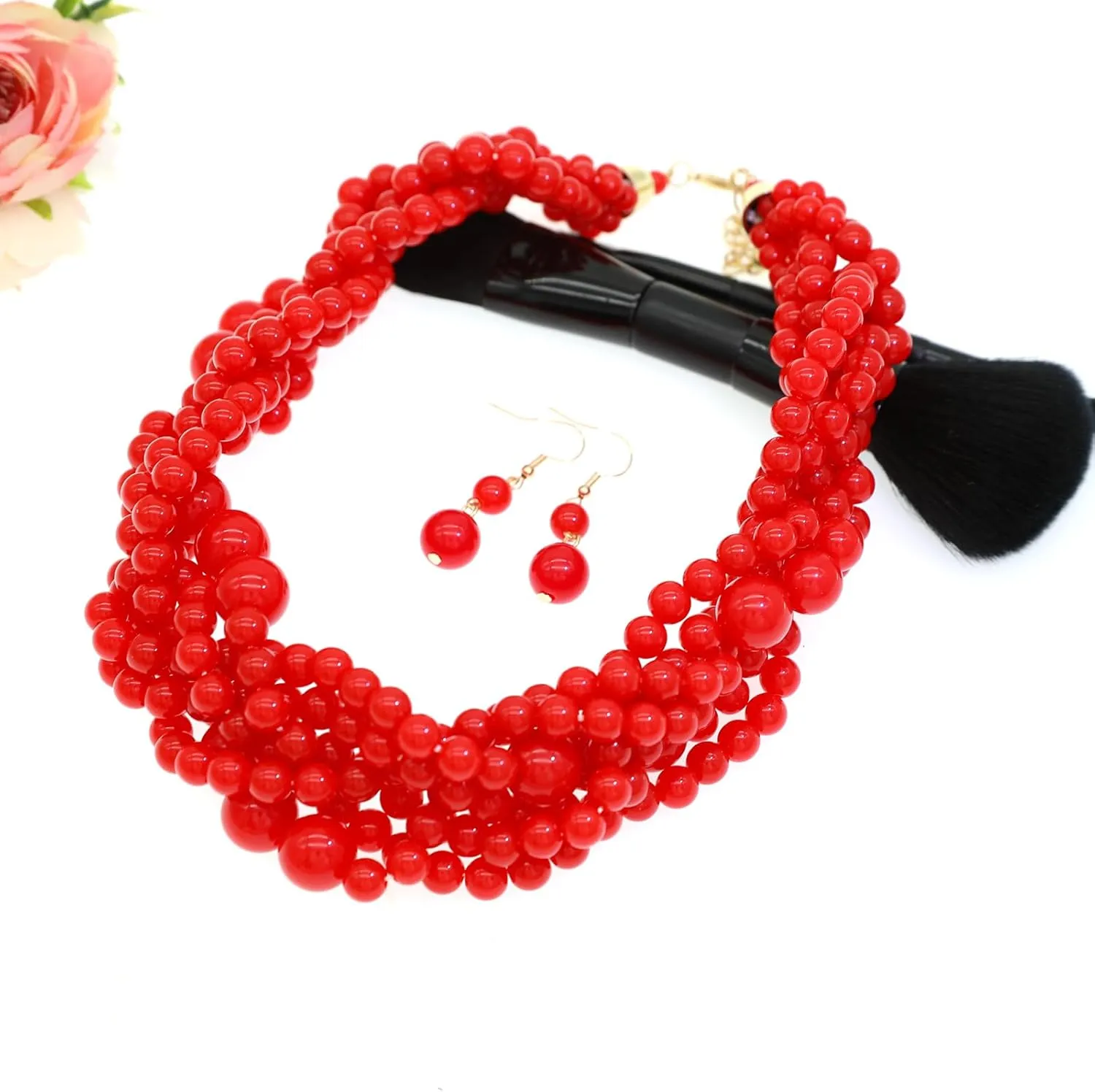 Multi Strand Twisted Beaded Bib Necklace Collar Chunky Beads Bubble Pearl Statement Necklace Costume Jewelry Set for Women