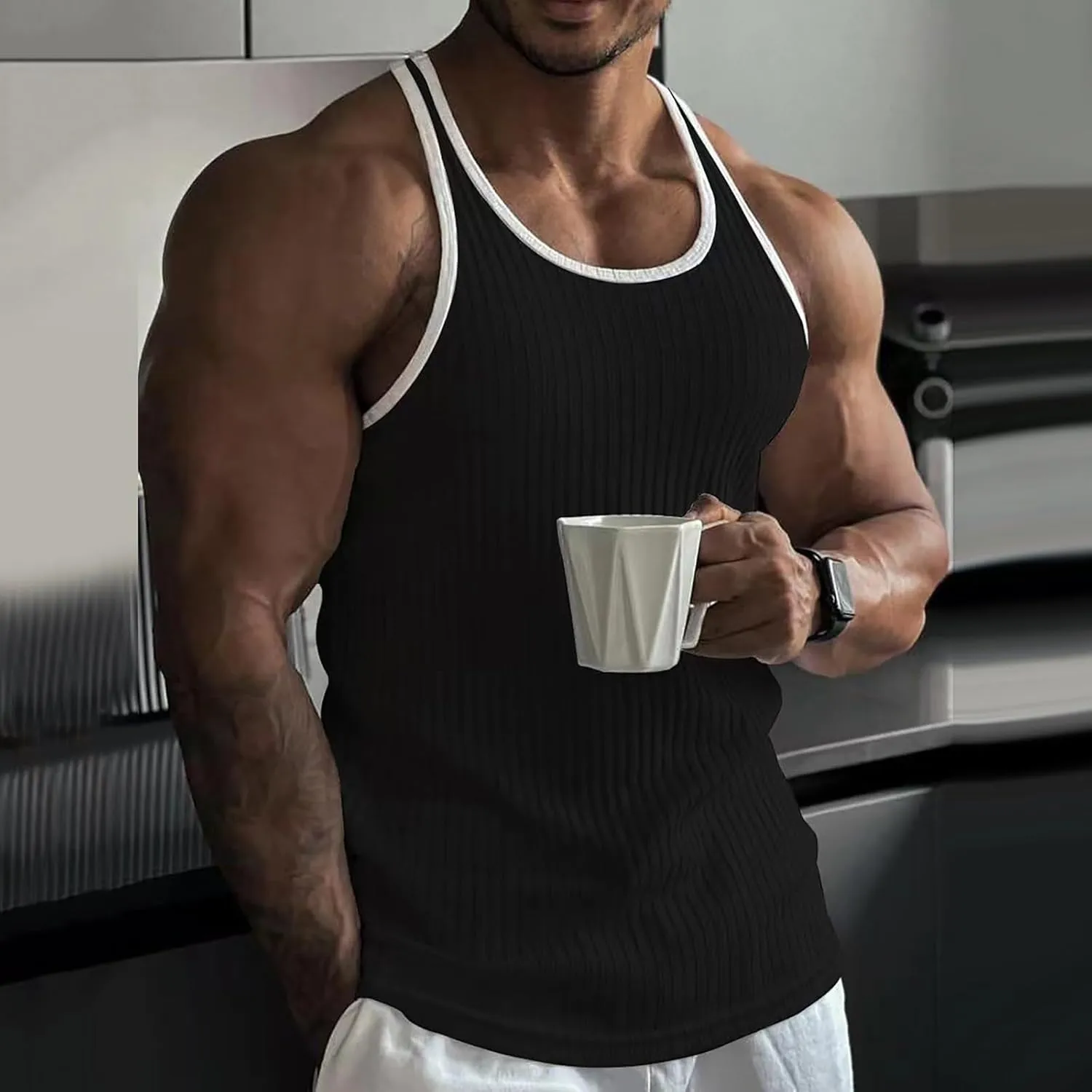 Muscle Tank Tops for Men Knitted Vertical Stripe Fitness Sports Slim Fit Men's Vest
