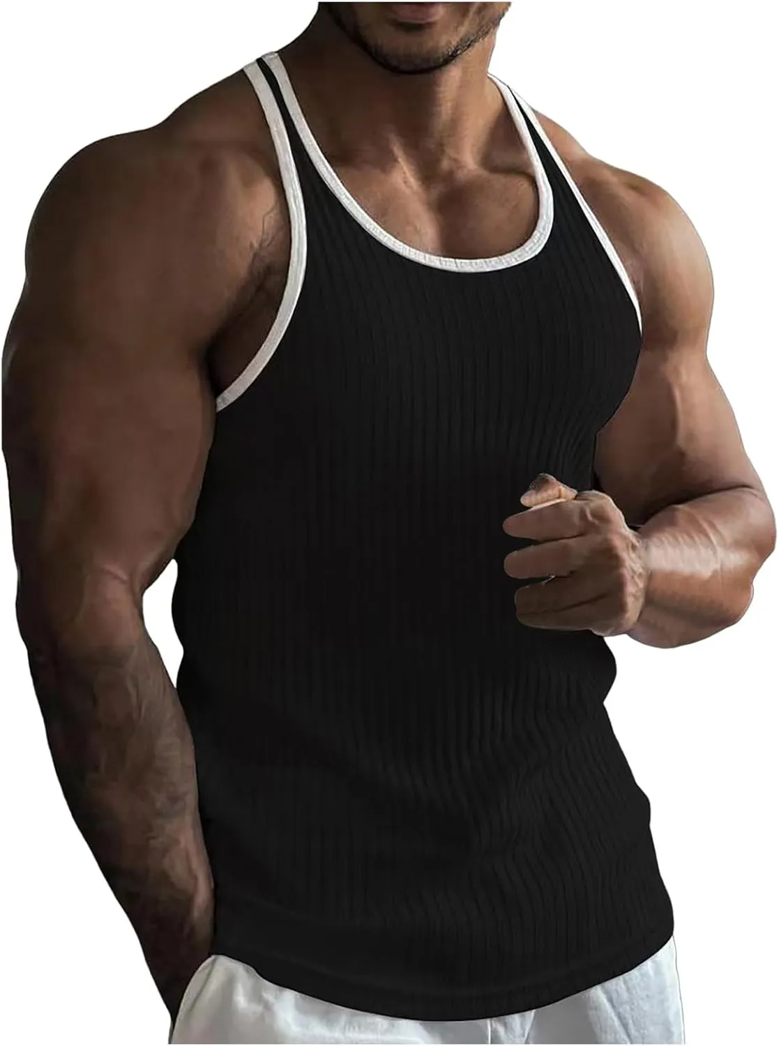 Muscle Tank Tops for Men Knitted Vertical Stripe Fitness Sports Slim Fit Men's Vest
