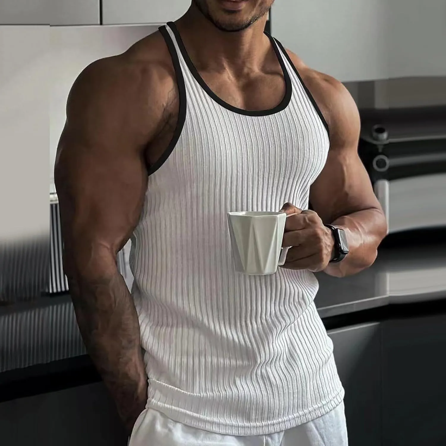 Muscle Tank Tops for Men Knitted Vertical Stripe Fitness Sports Slim Fit Men's Vest