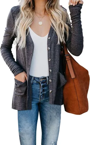 Naggoo Women's Cardigans Button Down Solid Knit Loose Cardigans with Pockets