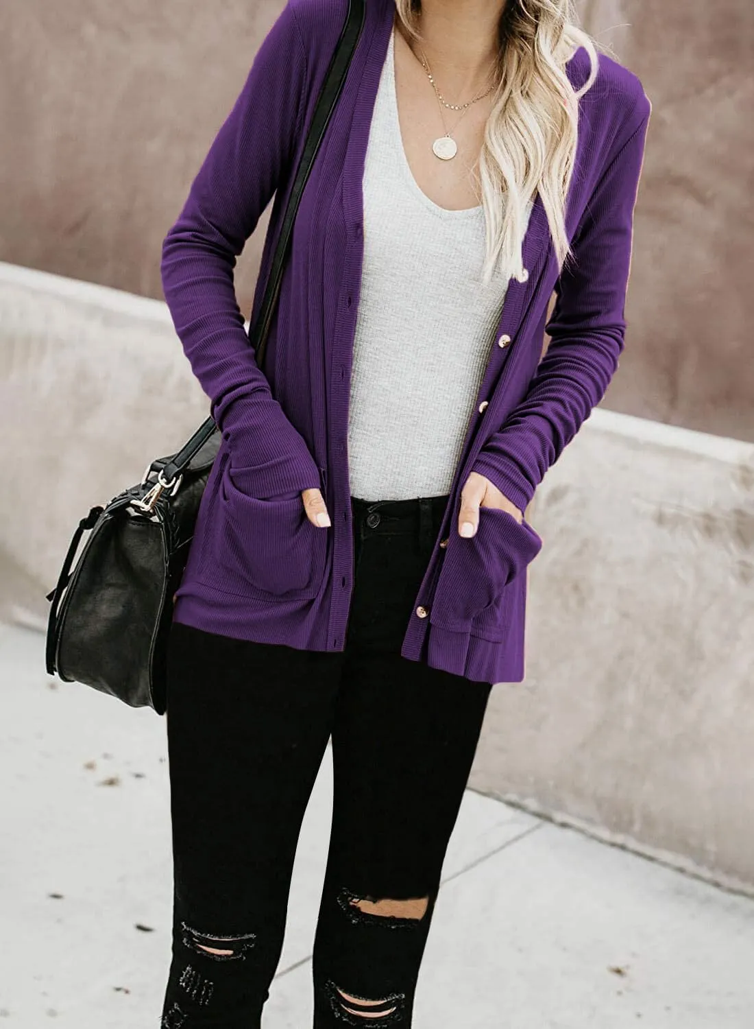 Naggoo Women's Cardigans Button Down Solid Knit Loose Cardigans with Pockets