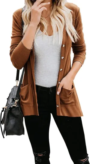 Naggoo Women's Cardigans Button Down Solid Knit Loose Cardigans with Pockets