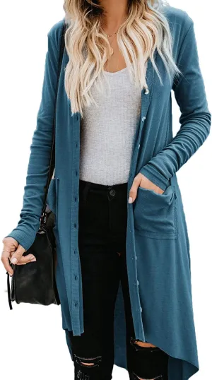 Naggoo Women's Long Cardigans Button Down High Low Solid Knit Loose Cardigans with Pockets