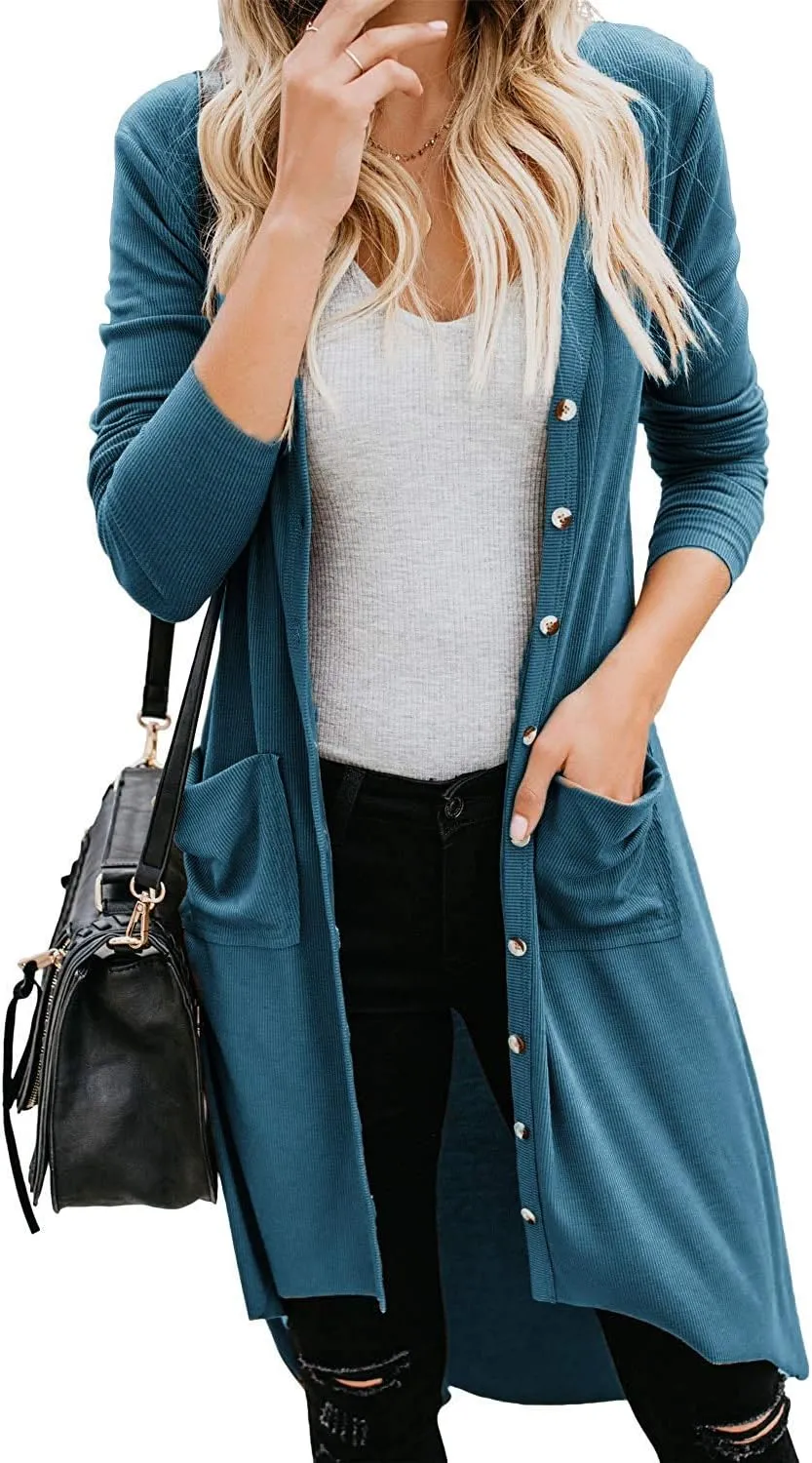 Naggoo Women's Long Cardigans Button Down High Low Solid Knit Loose Cardigans with Pockets