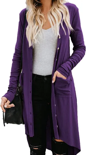 Naggoo Women's Long Cardigans Button Down High Low Solid Knit Loose Cardigans with Pockets