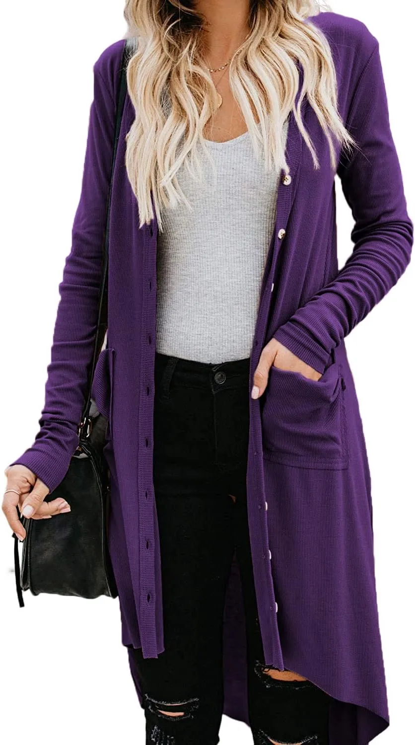 Naggoo Women's Long Cardigans Button Down High Low Solid Knit Loose Cardigans with Pockets