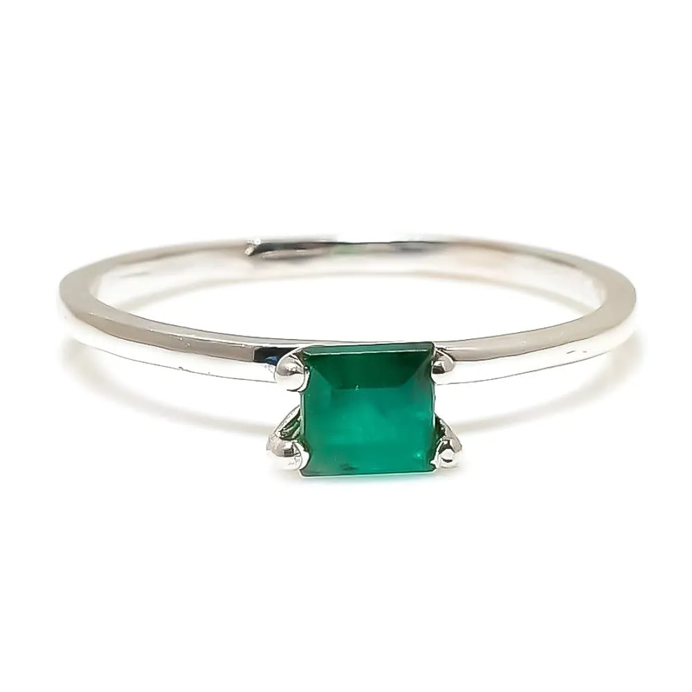 Natural Emerald Gemstone Band for Girls/Solitaire Stacked Rings For Woman / 925 Sterling Silver Ring / 4x4 mm (Yellow Gold, 5.5)