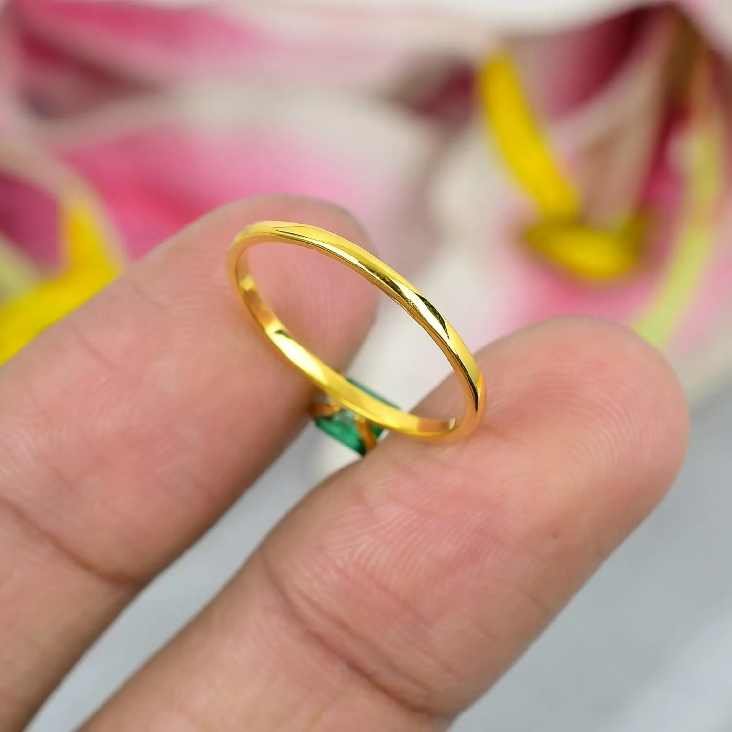 Natural Emerald Gemstone Band for Girls/Solitaire Stacked Rings For Woman / 925 Sterling Silver Ring / 4x4 mm (Yellow Gold, 5.5)