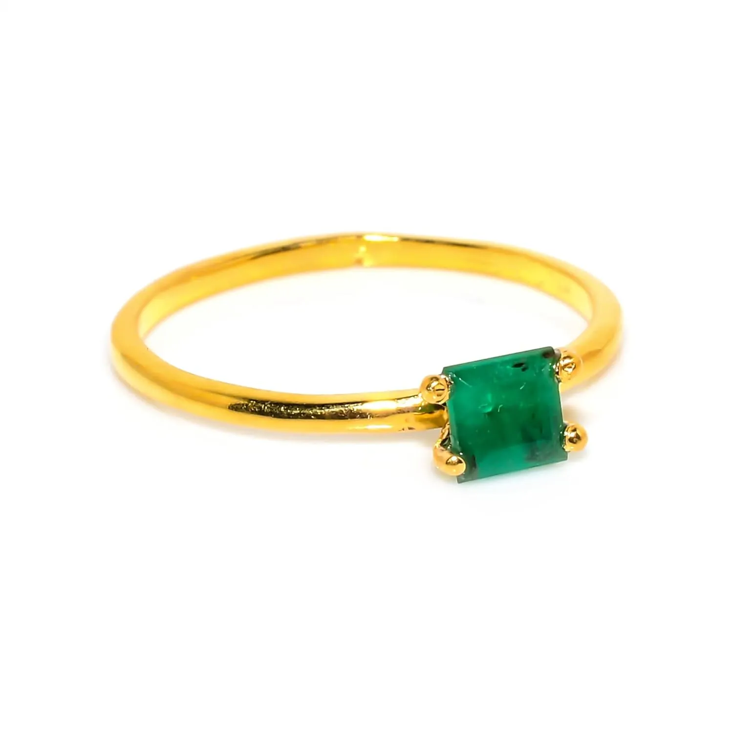 Natural Emerald Gemstone Band for Girls/Solitaire Stacked Rings For Woman / 925 Sterling Silver Ring / 4x4 mm (Yellow Gold, 5.5)