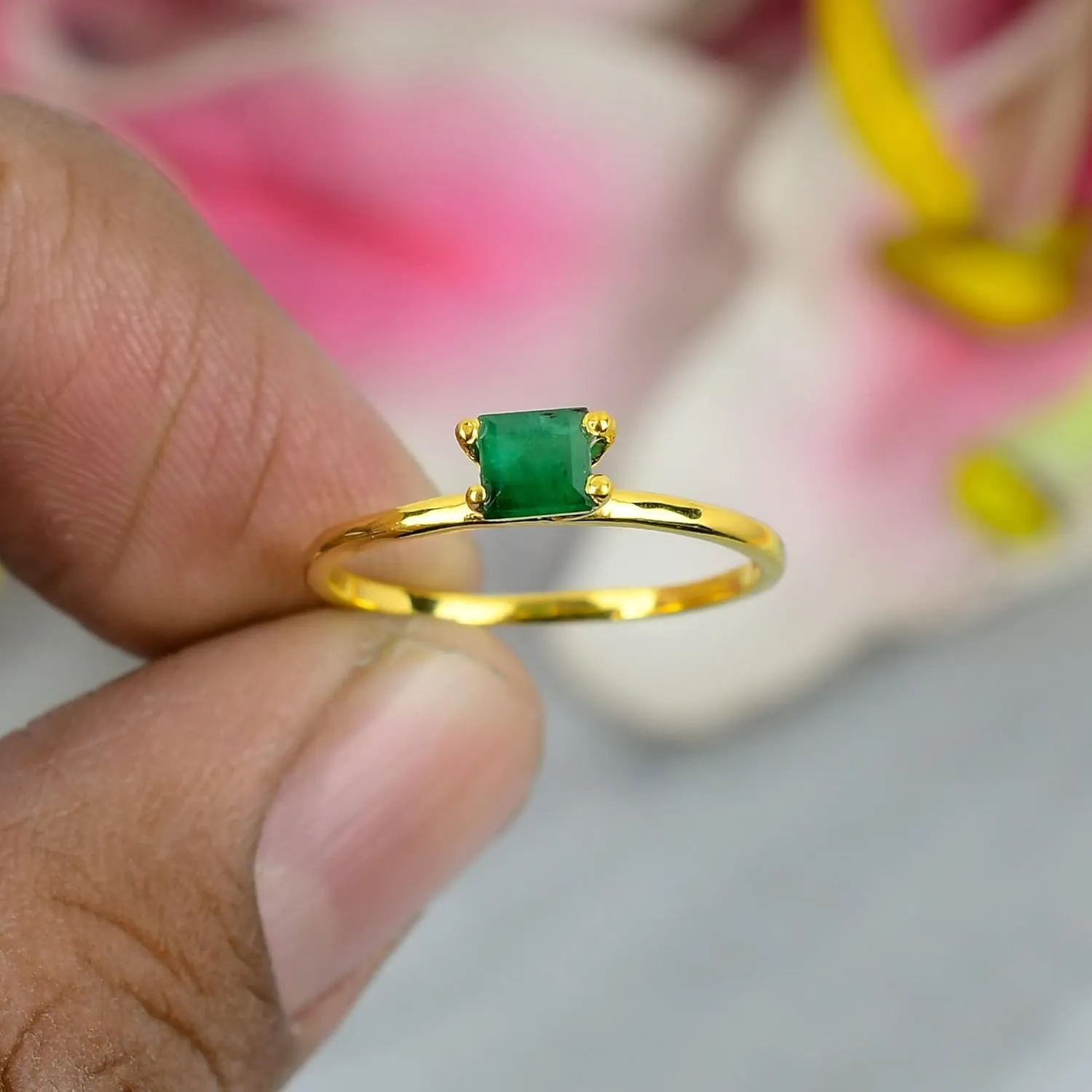 Natural Emerald Gemstone Band for Girls/Solitaire Stacked Rings For Woman / 925 Sterling Silver Ring / 4x4 mm (Yellow Gold, 5.5)