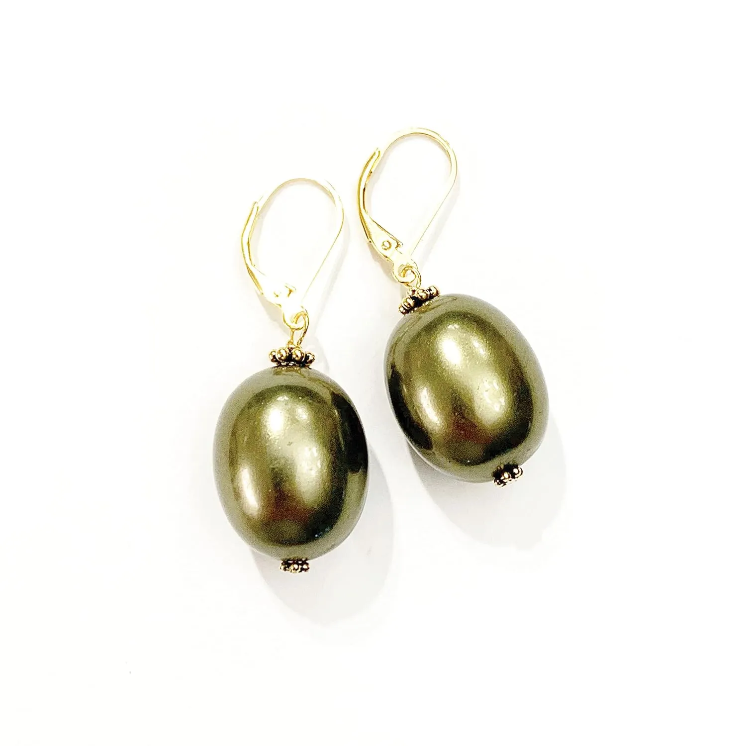 Natural Shell Pearl Earrings, Olive Green Drop Dangle, Gold over Sterling Silver Hypoallergenic Jewelry, Gift for Women,1.5 inches