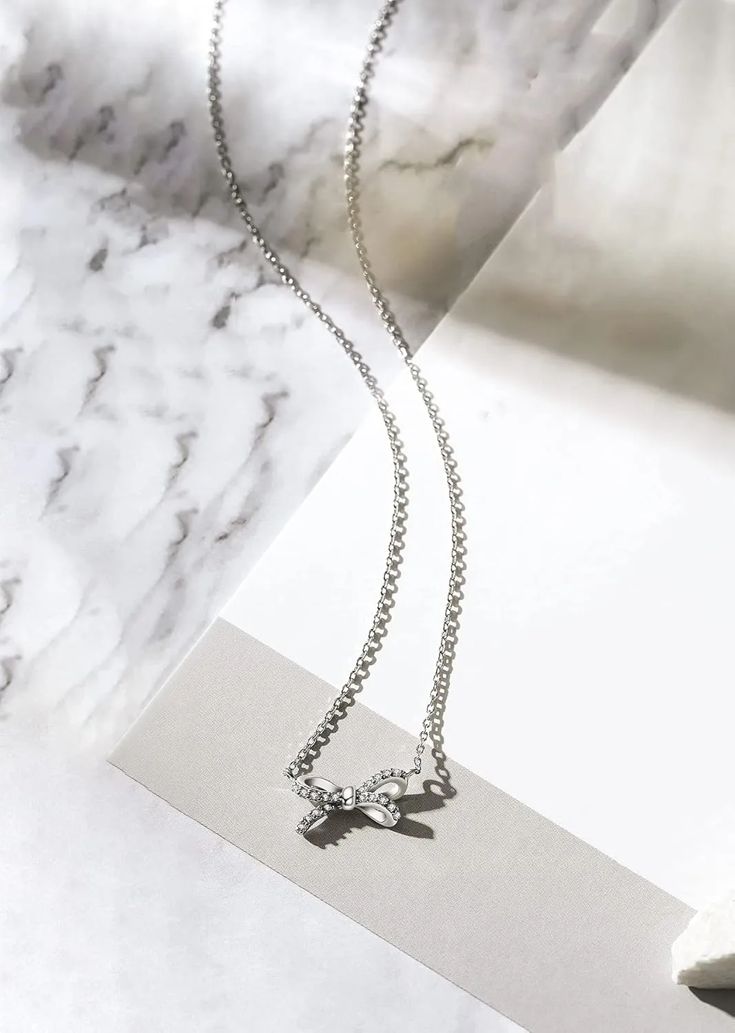 Necklaces for Women, 925 Sterling Silver Bow With Cubic Zirconia 14K White Gold Plated Necklace,Simple Gold Plated Jewelry Gift for Women,For Family, Loved Ones, Friends