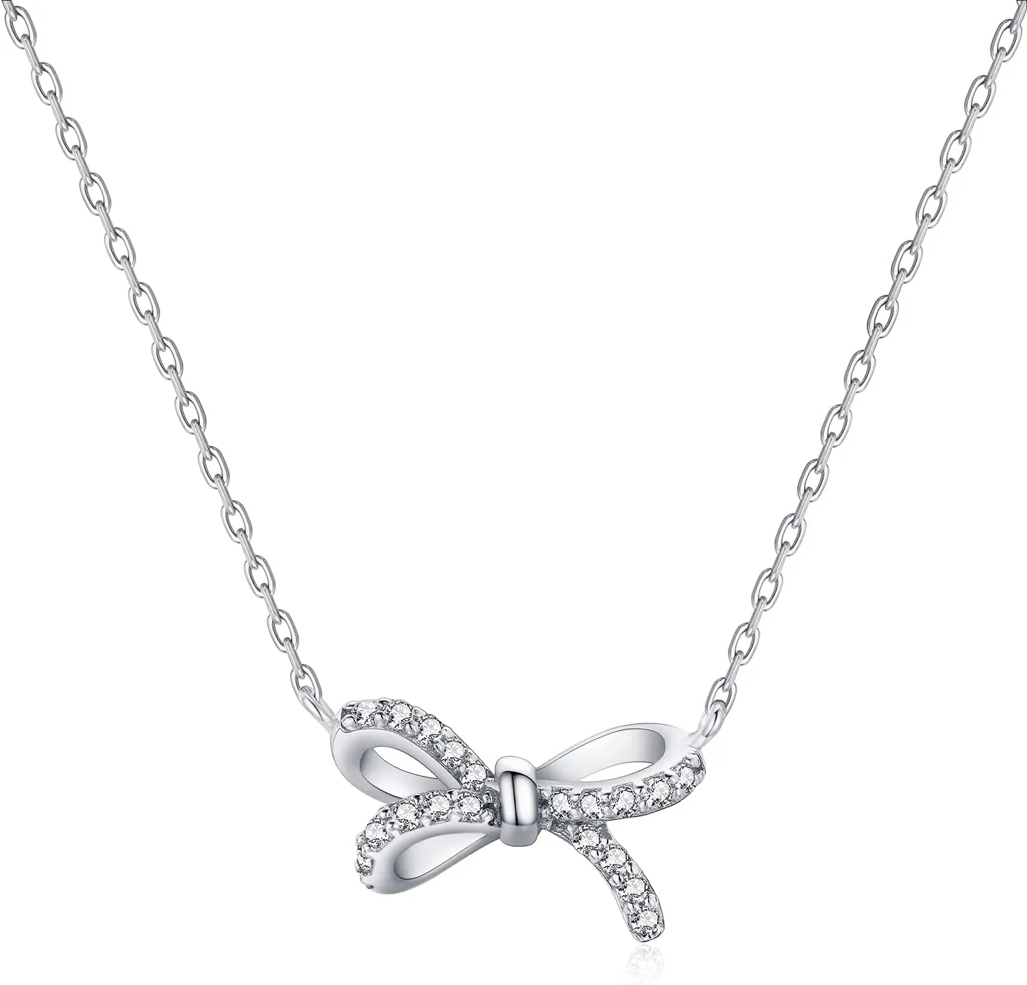 Necklaces for Women, 925 Sterling Silver Bow With Cubic Zirconia 14K White Gold Plated Necklace,Simple Gold Plated Jewelry Gift for Women,For Family, Loved Ones, Friends