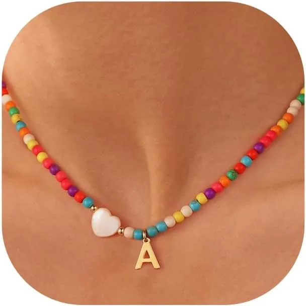 Necklaces for Women,Colorful Beaded Choker Necklaces for Teen Girl Gifts Bohemian Letter Choker Necklace Jewelry for Teen Girls Birthday Gifts