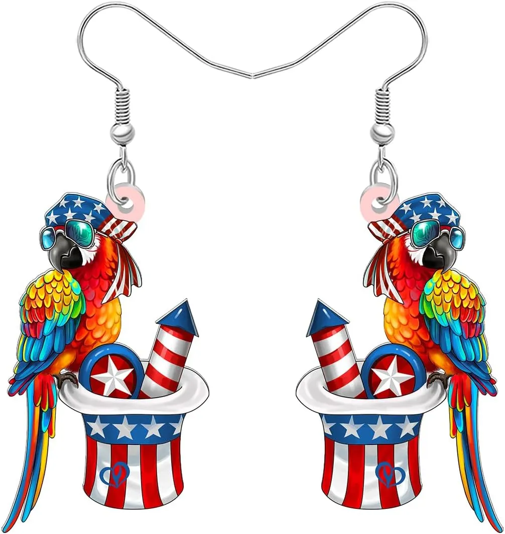 NEWEI Acrylic Cute 4th of July Tropical Parrot Dangle Earrings for Women American Flag Hat Patriotic Earrings Funny Parrot Jewelry Gifts for Bird Lovers Outfit Accessories