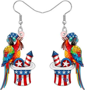 NEWEI Acrylic Cute 4th of July Tropical Parrot Dangle Earrings for Women American Flag Hat Patriotic Earrings Funny Parrot Jewelry Gifts for Bird Lovers Outfit Accessories