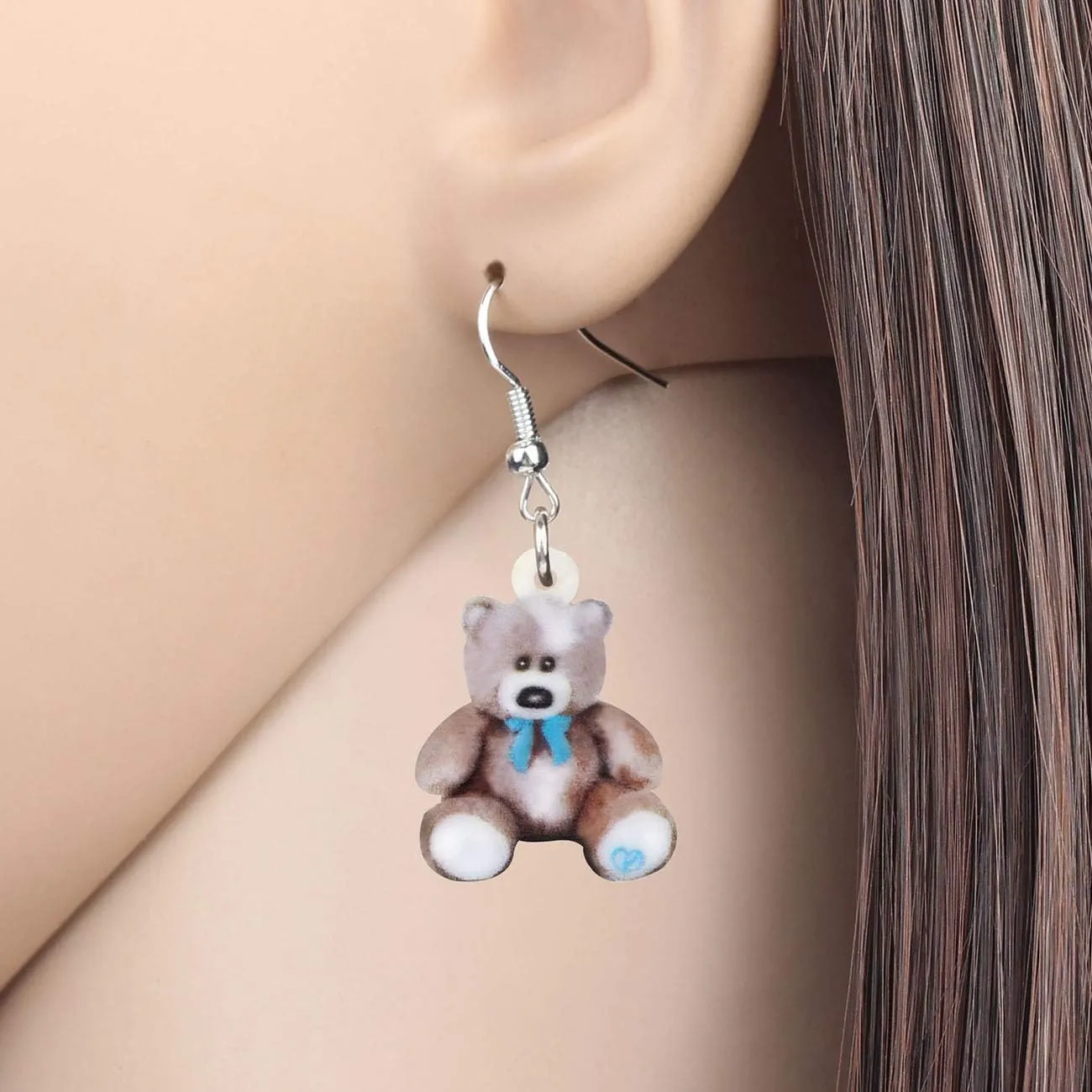 NEWEI Cute Acrylic Fuzzy Doll Bear Earrings 2D Print Dangle Jewelry for Women Funny Accessories Gifts Charm